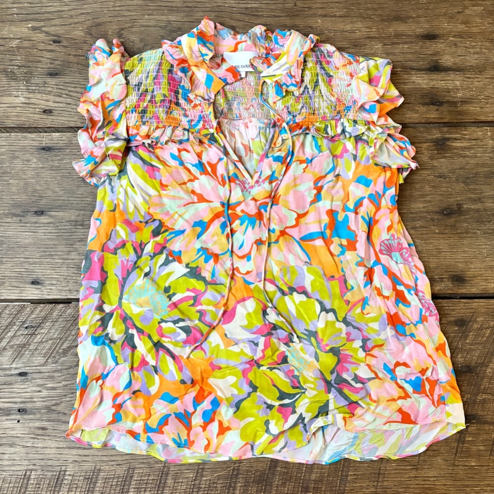 Gilner Farrar Sienna‎ Blouse Floral Ruffle Smocked Stitching Cutout Tropical